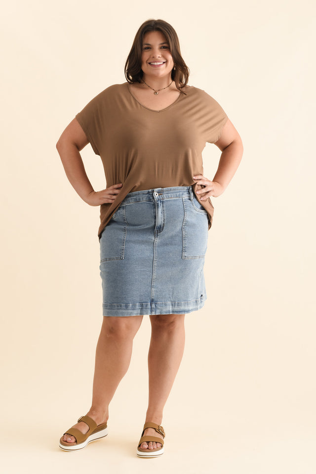 Atlas Blue Denim Stretch Skirt,Brunette model,alt text|model:Gabby image 9
