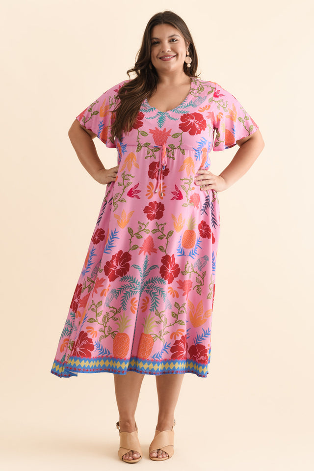 Jennifer Pink Tropical Flutter Sleeve Dress,Brunette model,alt text|model:Gabby image 10