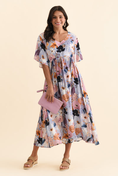 Jennifer Purple Garden Flutter Sleeve Dress