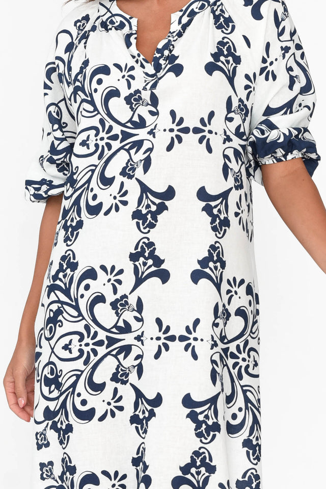 Jewel Navy Floral Linen Cotton Dress