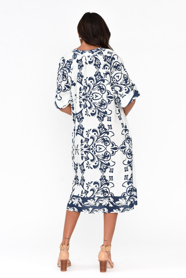 Jewel Navy Floral Linen Cotton Dress