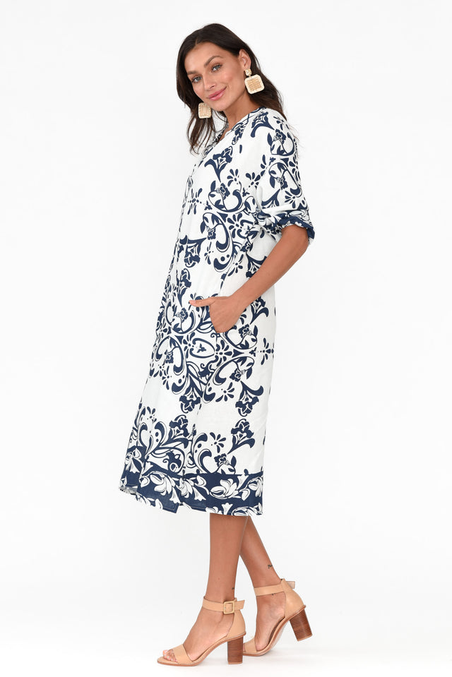 Jewel Navy Floral Linen Cotton Dress