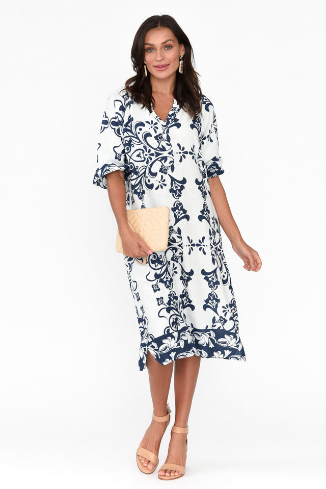 Jewel Navy Floral Linen Cotton Dress