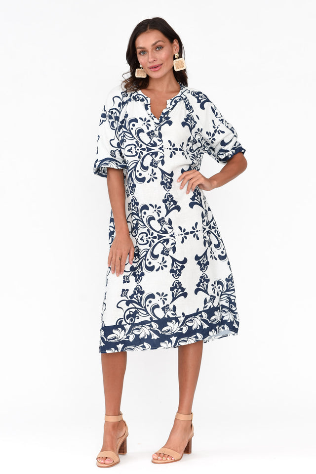 Jewel Navy Floral Linen Cotton Dress