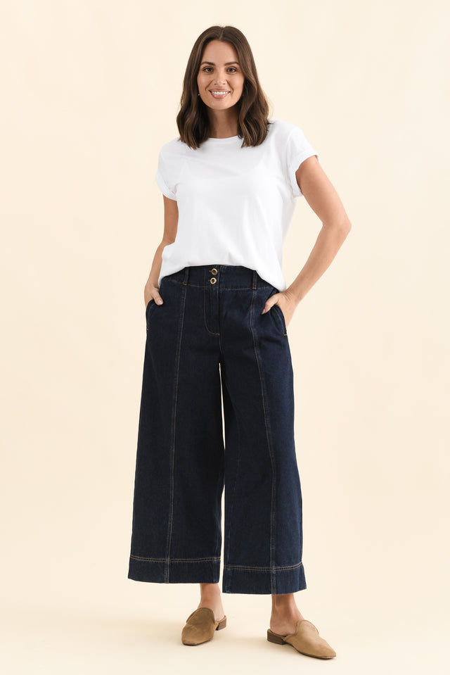 Jocelyn Dark Blue Wide Leg Jeans,Full Body,Brunette model,alt text|model:MJ image 7