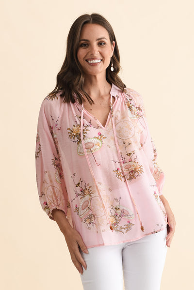 Joelle Pink Garden Cotton Tie Top