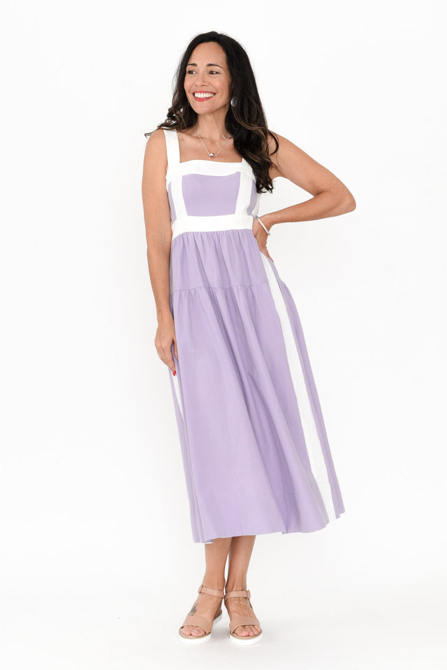 Jolie Purple Trim Cotton Blend Dress,Brunette model,alt text|model:Nicole image 1