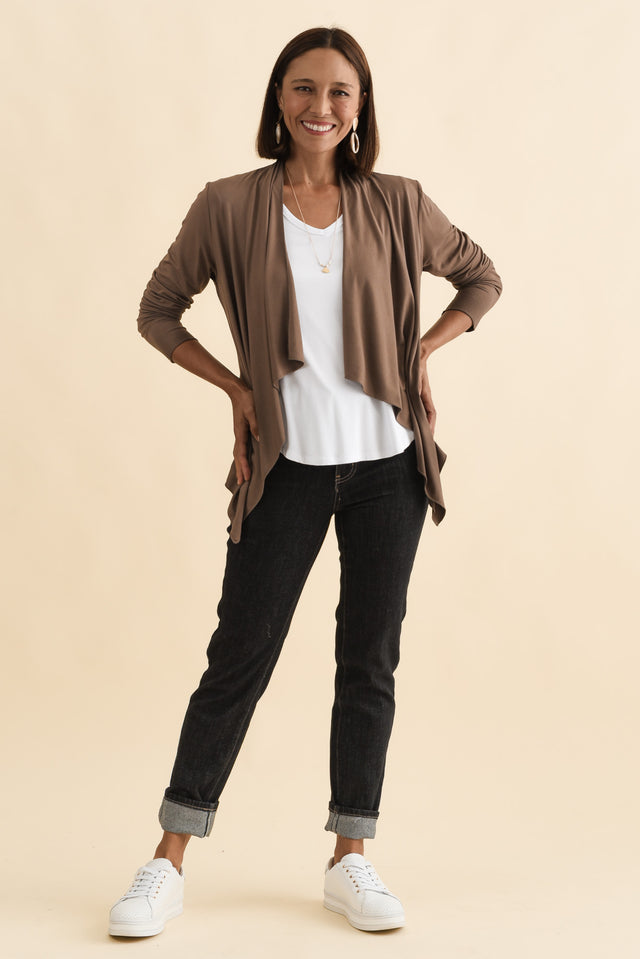 Joni Chocolate Bamboo Cardigan,Brunette model,alt text|model:Cara image 3