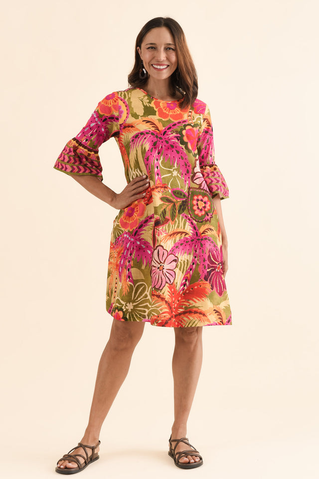 Jonty Orange Tropical Frill Dress,Full Body,Brunette model,alt text|model:Cara image 6