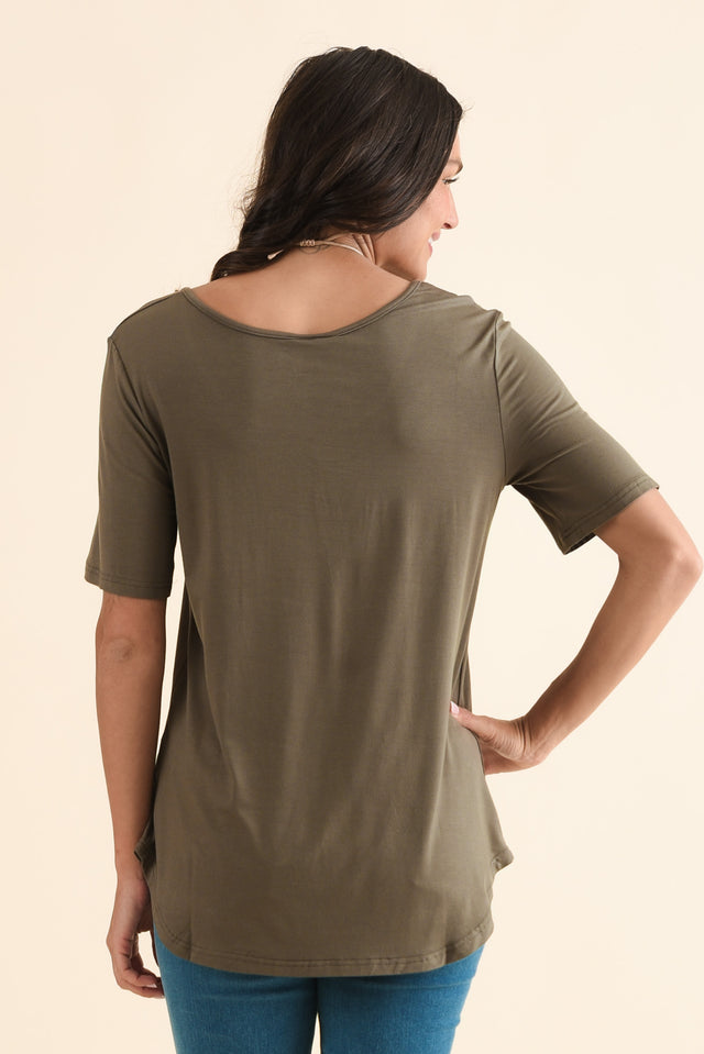 Josephine Khaki Scoop Neck Tee,Back,Brunette model,alt text|model:Brontie image 4