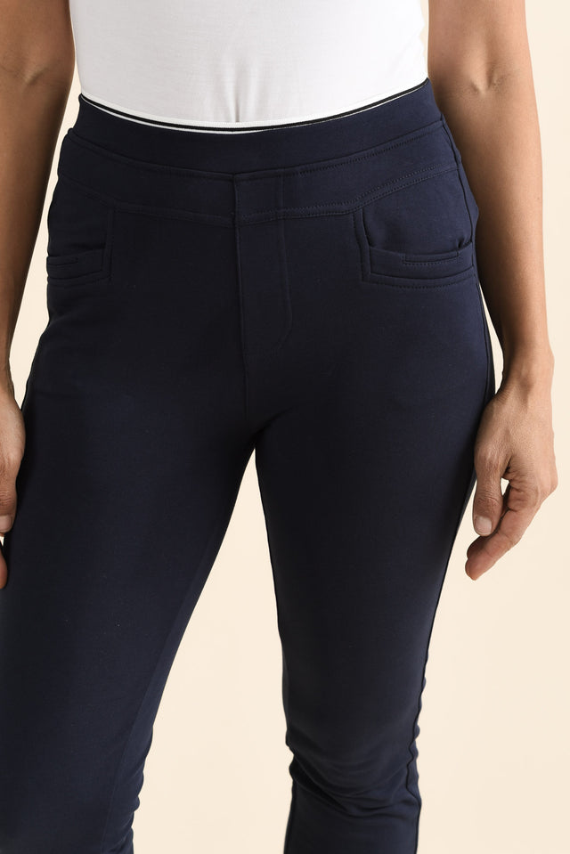 Jove Navy Cotton Stretch Pants,brunette model,Close up of outfit,alt text|model:Cara image 5