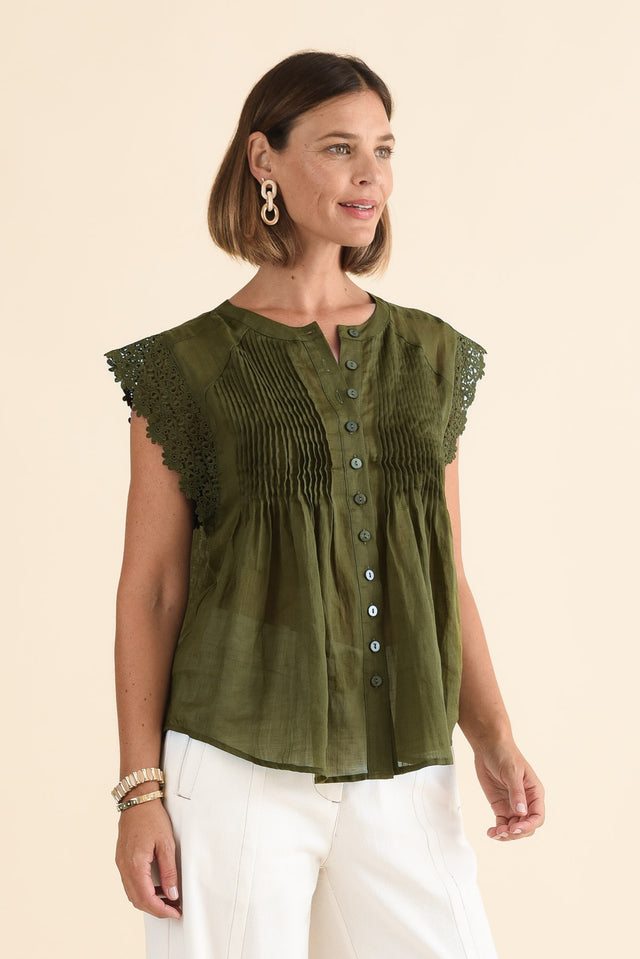 Jude Green Embroidered Button Top,Side,Brunette model,alt text|model:Laura image 4