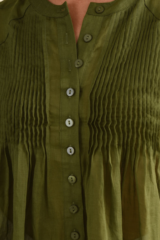 Jude Green Embroidered Button Top,Detail,Brunette model,alt text|model:Laura image 6