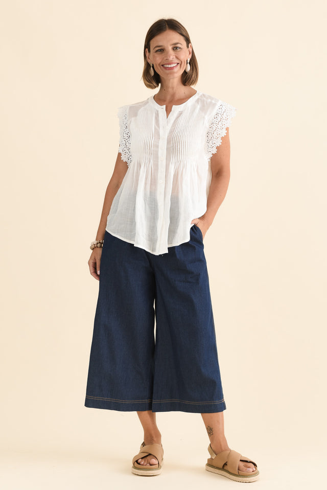 Jude White Embroidered Button Top,Full Body,Brunette model,alt text|model:Laura image 2