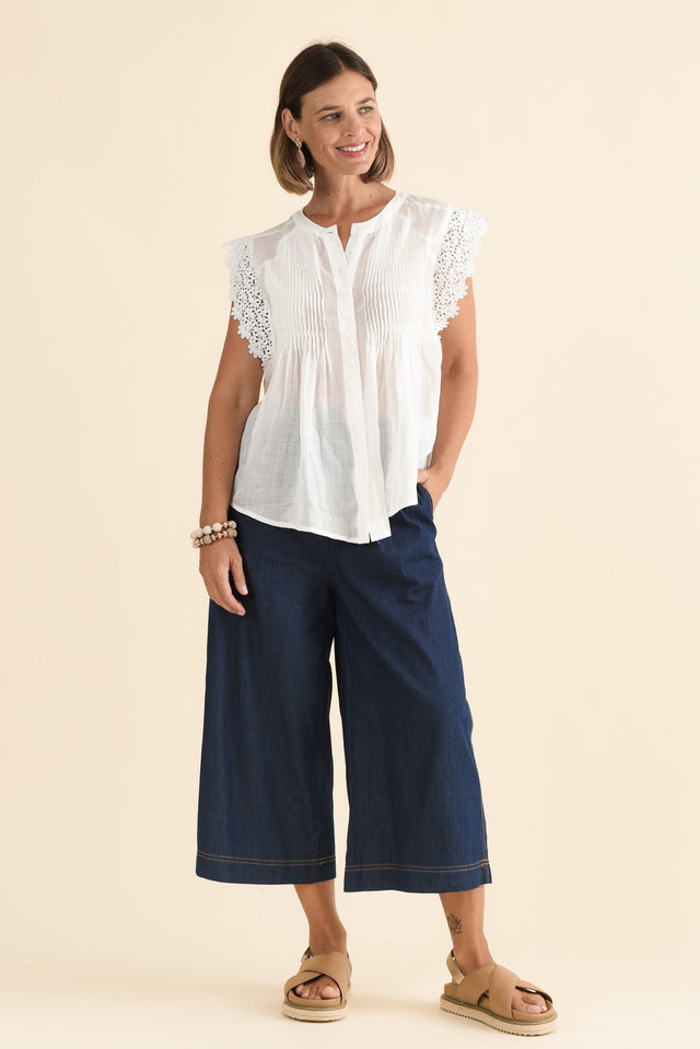 Jude White Embroidered Button Top,Full Body,Brunette model,alt text|model:Laura image 6