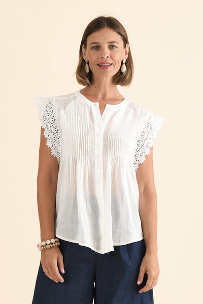 Jude White Embroidered Button Top
