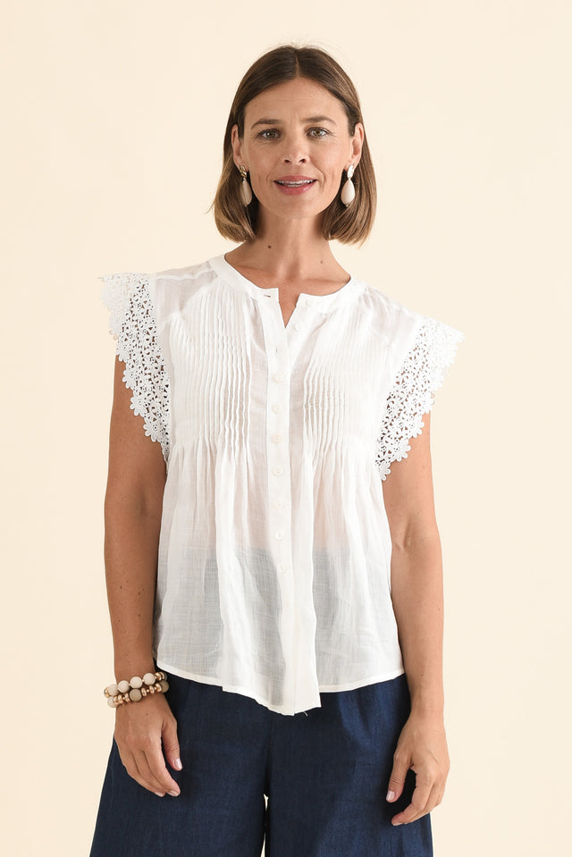 Jude White Embroidered Button Top,Front,Brunette model,alt text|model:Laura image 1