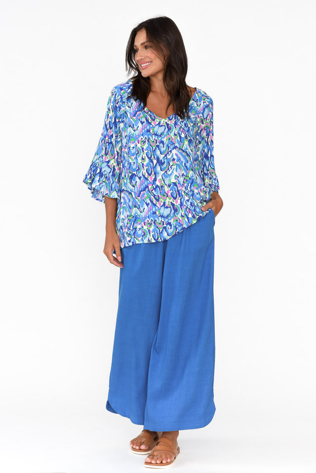 Juli Blue Abstract Frill Sleeve Top