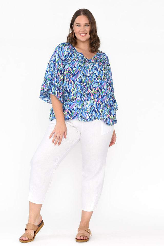 Juli Blue Abstract Frill Sleeve Top