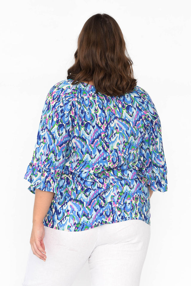 Juli Blue Abstract Frill Sleeve Top