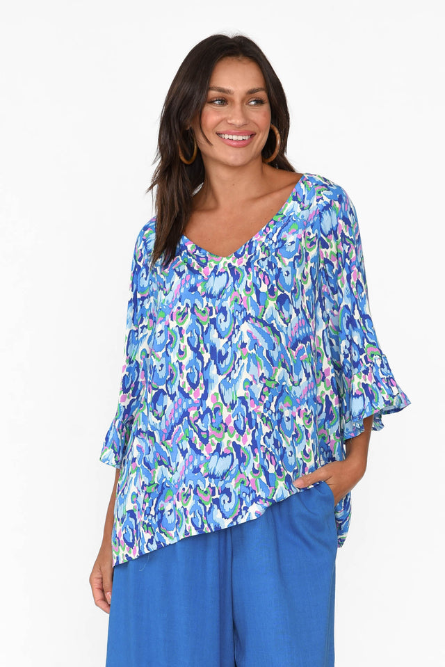 Juli Blue Abstract Frill Sleeve Top
