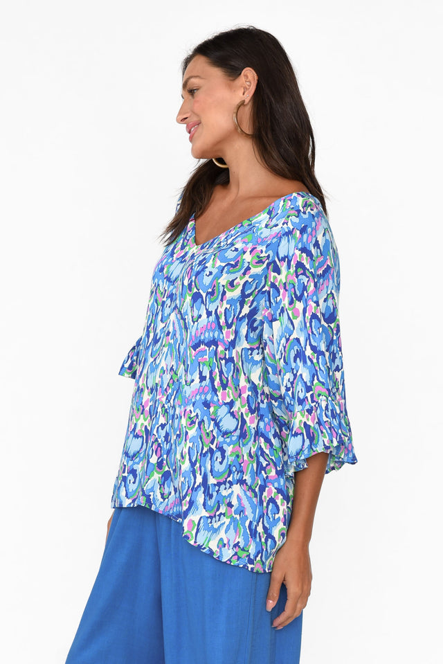 Juli Blue Abstract Frill Sleeve Top
