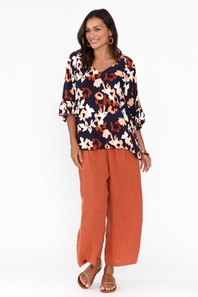 Juli Navy Floral Frill Sleeve Top