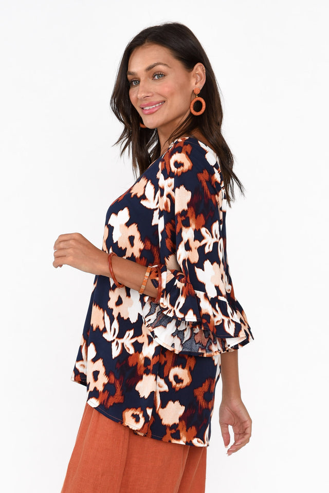 Juli Navy Floral Frill Sleeve Top