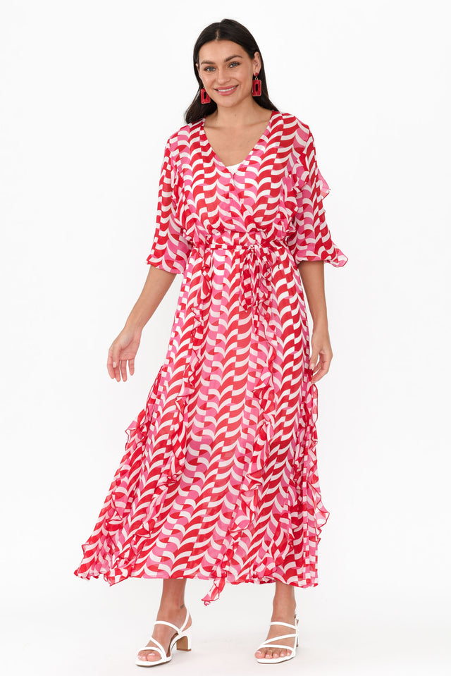 Just Love Pink Geo Ruffle Dress,Brunette model,alt text|model:Brontie image 4