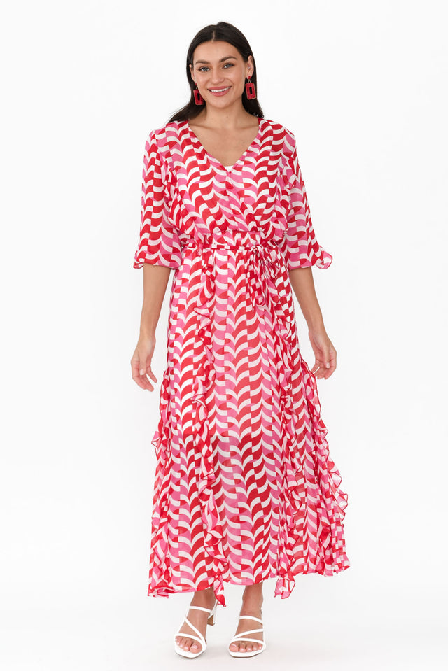 Just Love Pink Geo Ruffle Dress,Brunette model,alt text|model:Brontie image 8