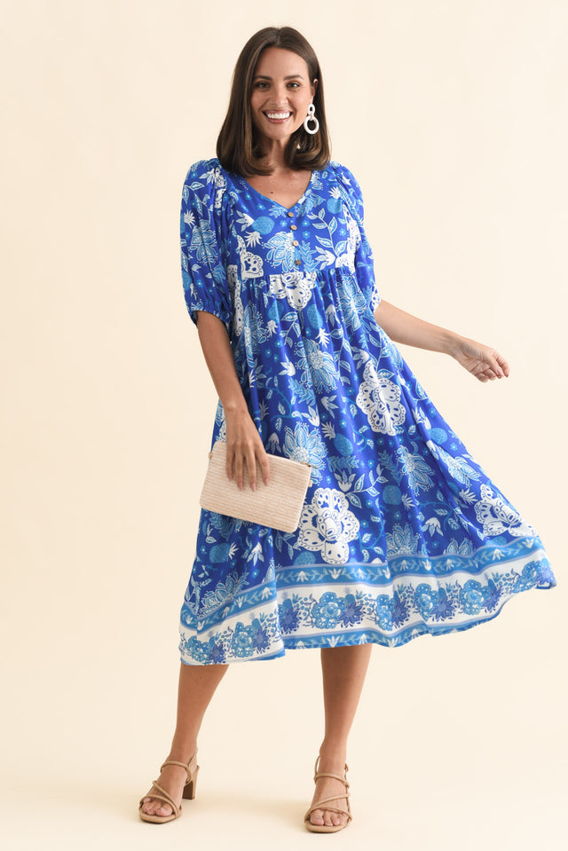 Kacey Blue Floral Button Dress,Brunette model,alt text|model:MJ