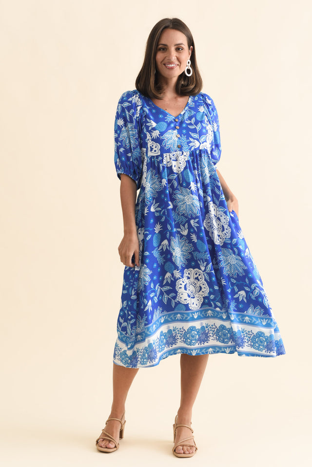 Kacey Blue Floral Button Dress,Brunette model,alt text|model:MJ image 4