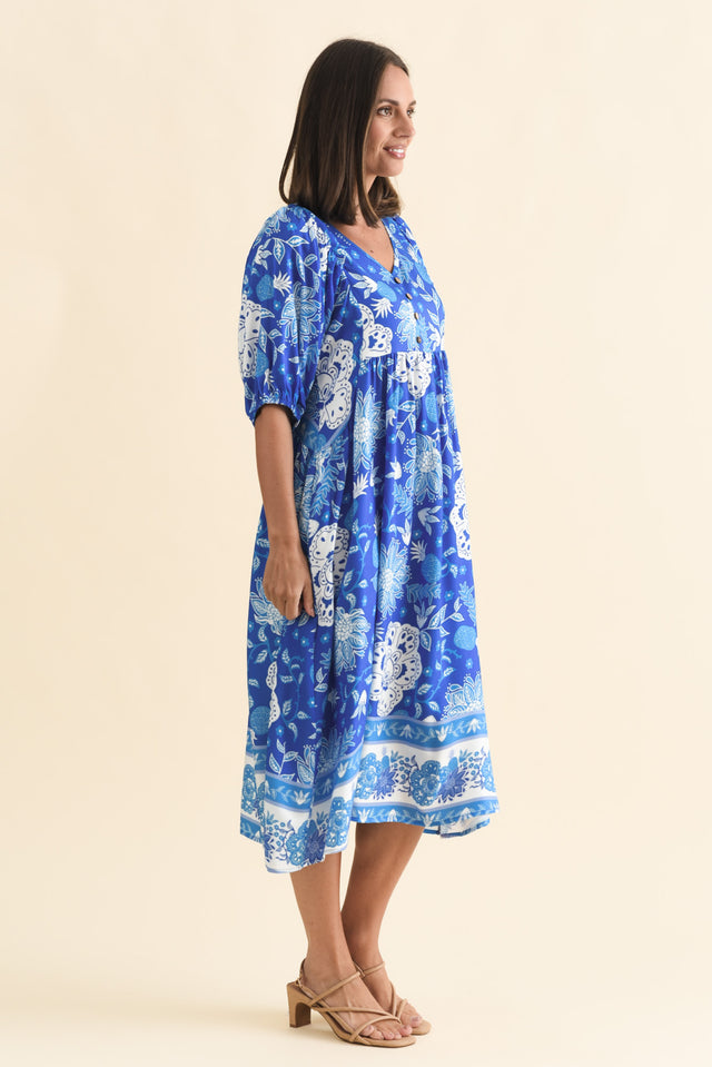 Kacey Blue Floral Button Dress,Brunette model,alt text|model:MJ image 5