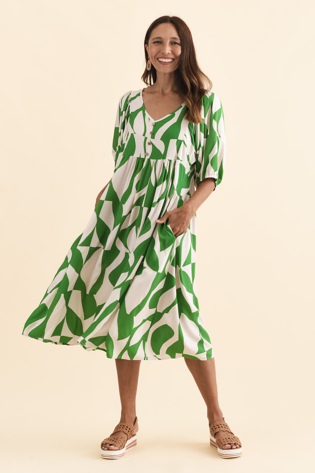 Kacey Green Abstract Button Dress,Brunette model,alt text|model:Cara image 3