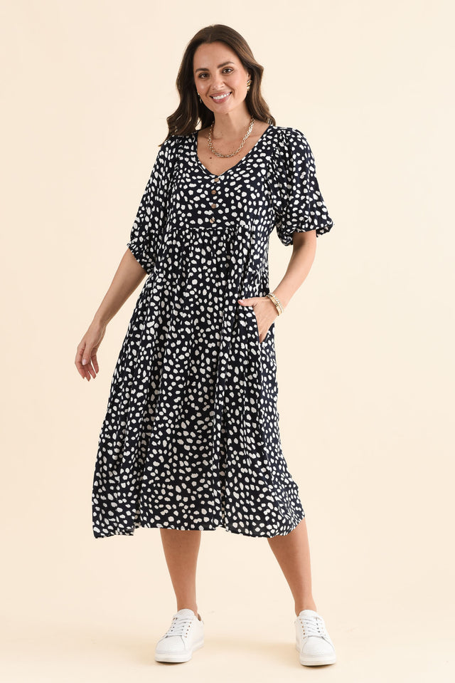 Kacey Navy Spot Button Dress,Full Body,Brunette model,alt text|model:MJ