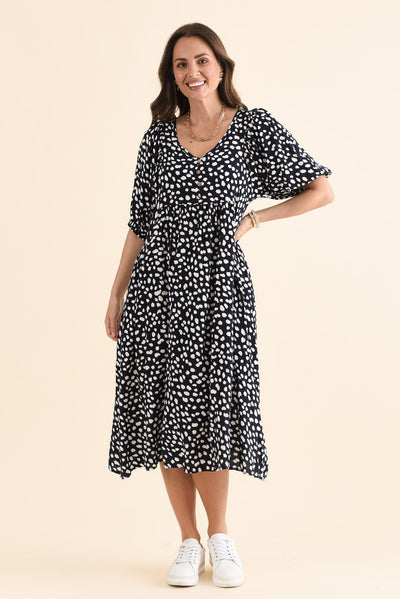 Kacey Navy Spot Button Dress
