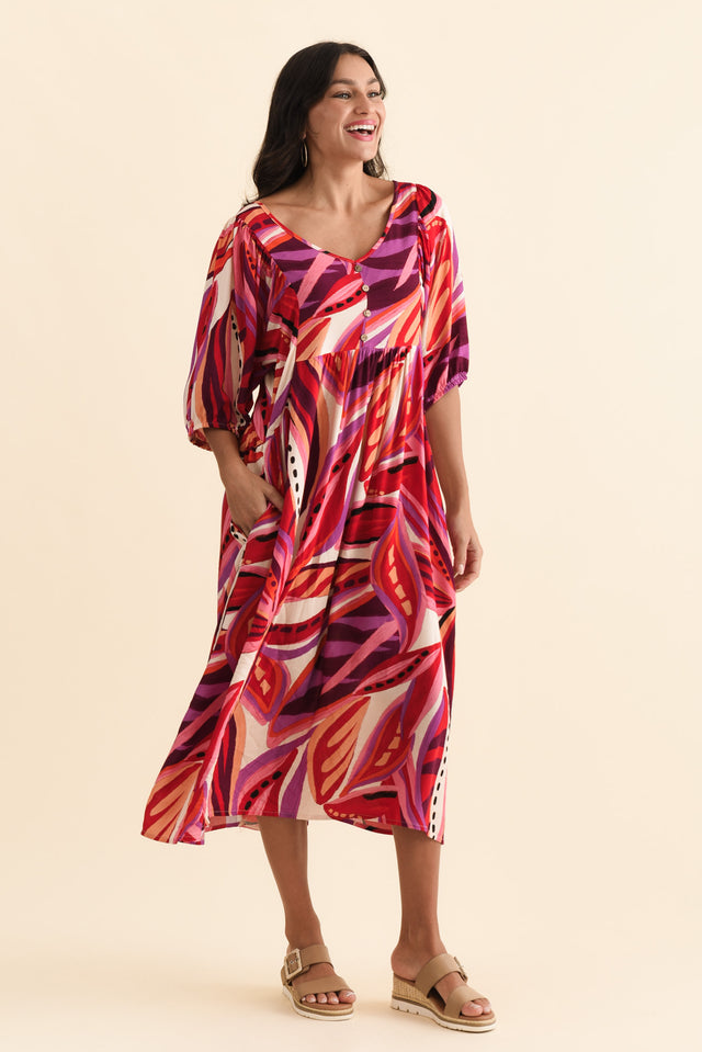 Kacey Pink Leaf Button Dress,Brunette model,alt text|model:Brontie image 5