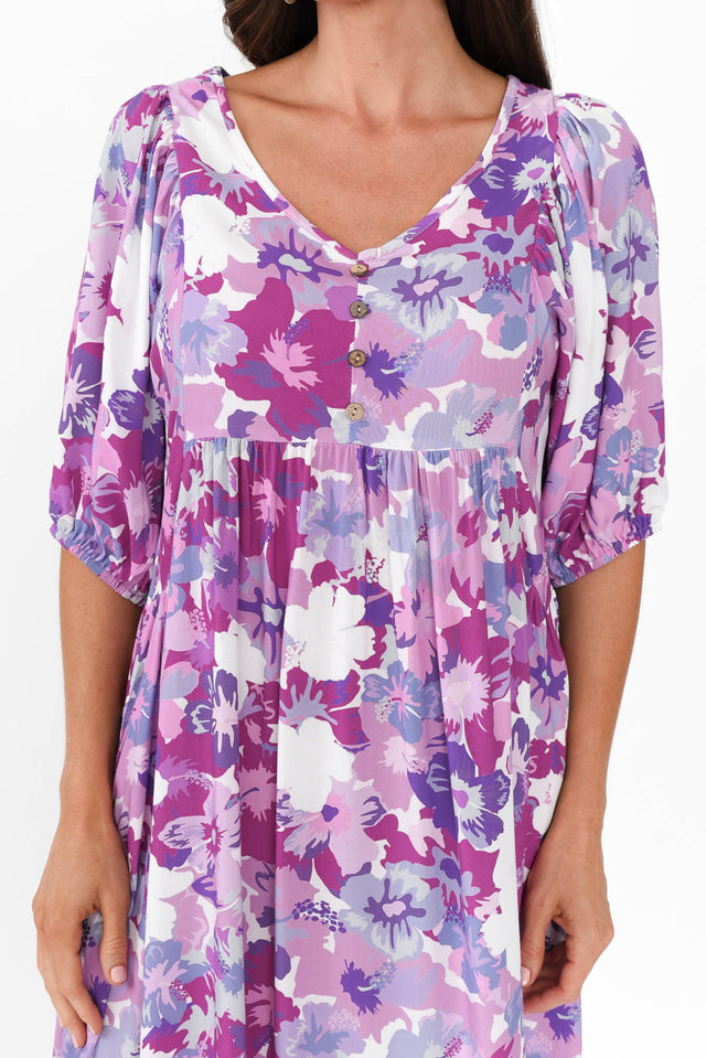 Kacey Purple Floral Button Dress,Brunette model,alt text|model:Elouise image 6