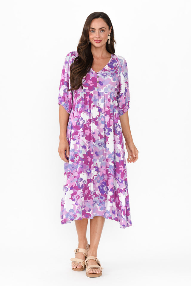 Kacey Purple Floral Button Dress,Brunette model,alt text|model:Elouise image 1