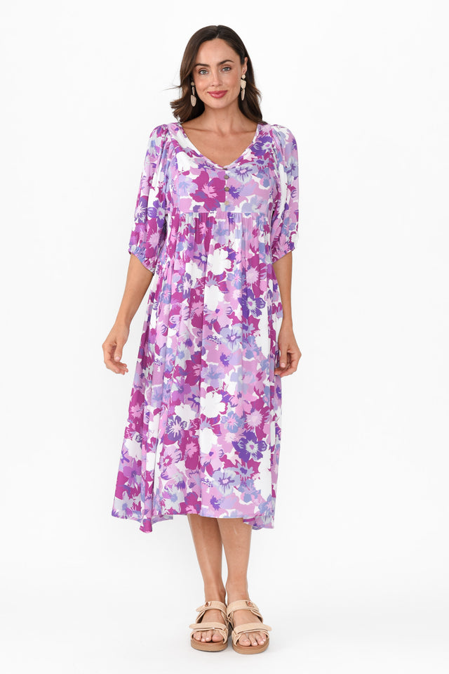 Kacey Purple Floral Button Dress,Brunette model,alt text|model:Elouise image 3