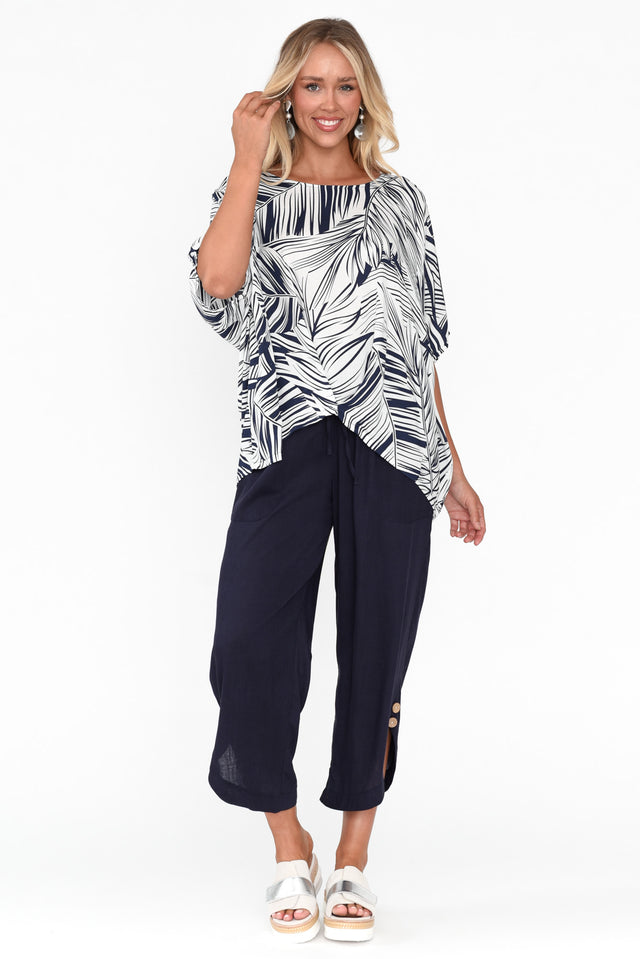 Kaila Navy Palm Tuck Front Top
