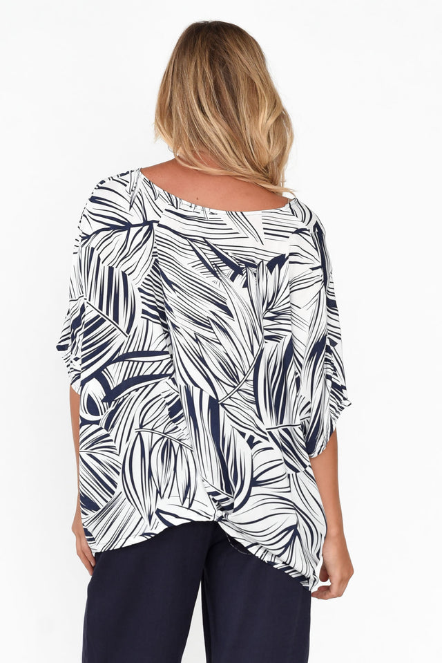 Kaila Navy Palm Tuck Front Top