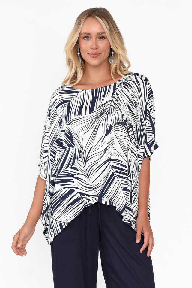 Kaila Navy Palm Tuck Front Top neckline_Boat 