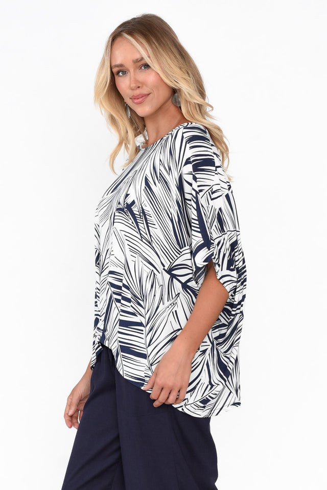 Kaila Navy Palm Tuck Front Top