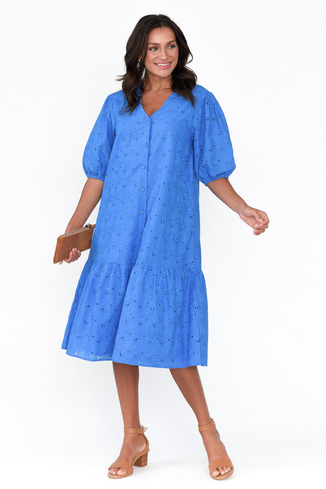 Kailey Blue Embroidered Cotton Dress