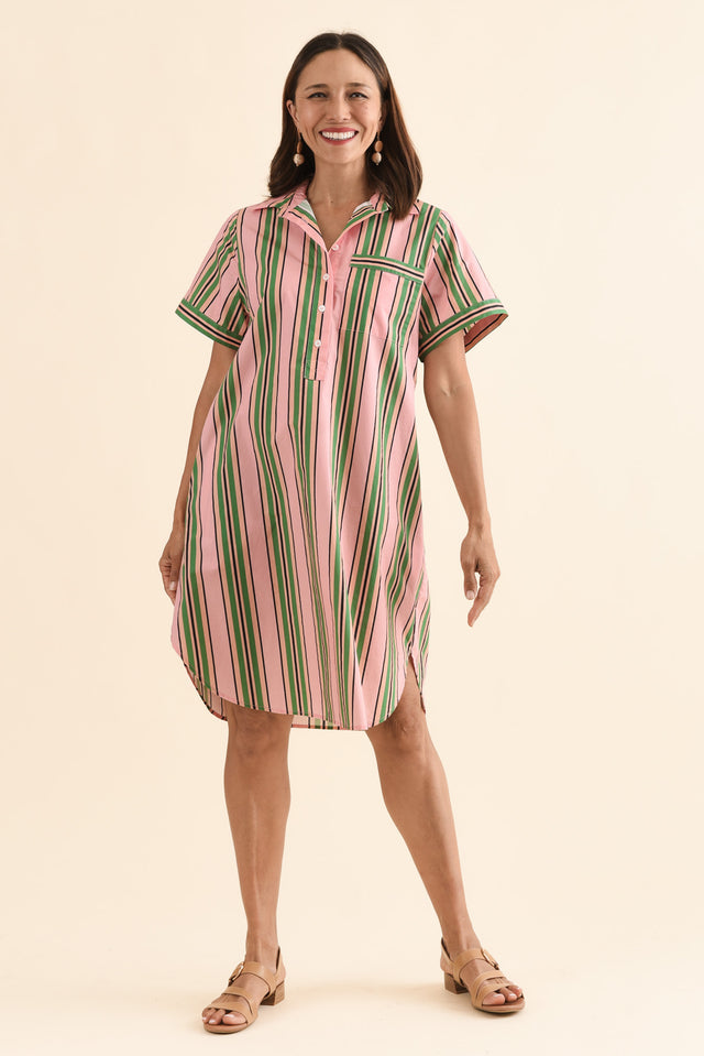 Kareem Green Stripe Cotton Collared Dress,Front,Brunette model,alt text|model:Cara image 1