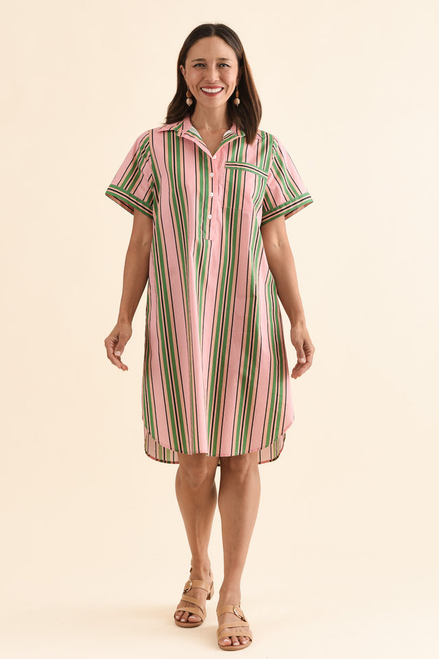 Kareem Green Stripe Cotton Collared Dress,Full Body,Brunette model,alt text|model:Cara image 2