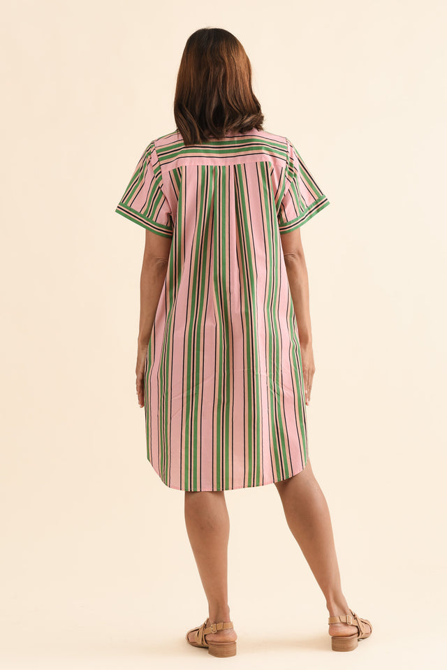 Kareem Green Stripe Cotton Collared Dress,Back,Brunette model,alt text|model:Cara image 4