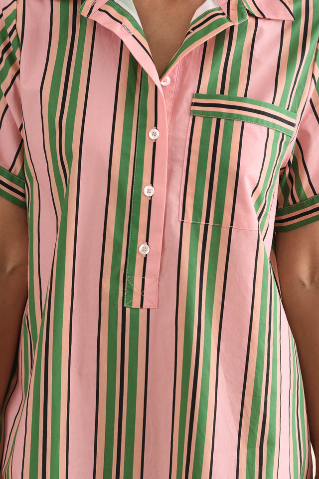 Kareem Green Stripe Cotton Collared Dress,Detail,Brunette model,alt text|model:Cara image 5