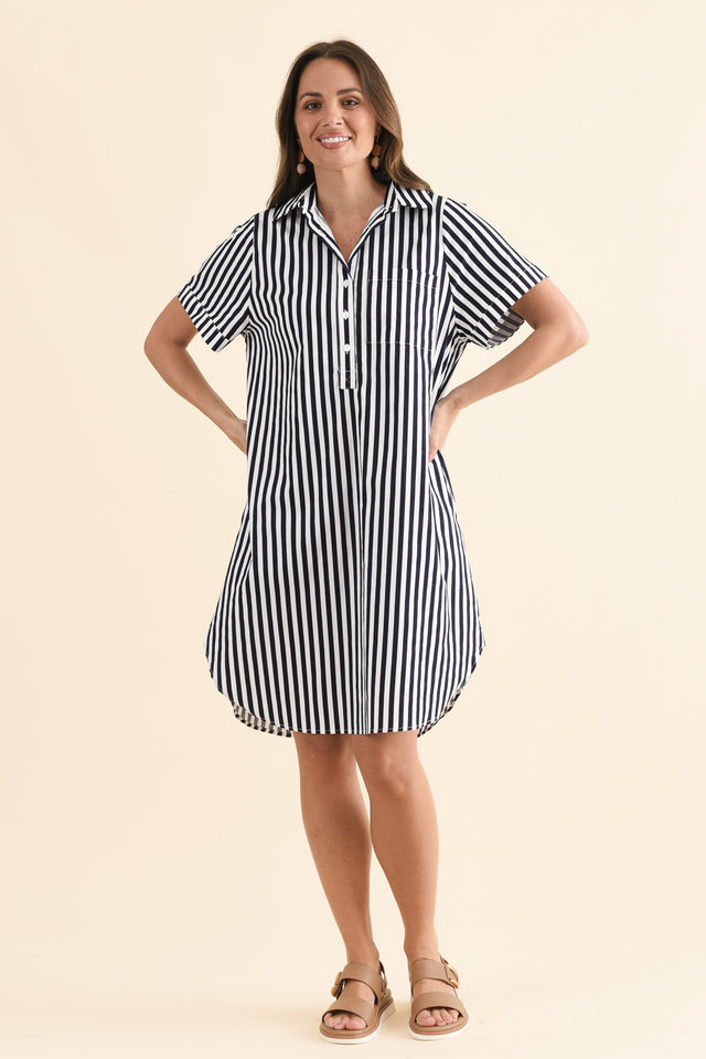 Kareem Navy Stripe Cotton Collared Dress,Full Body,Brunette model,alt text|model:MJ image 6